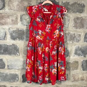 LOFT Red Floral Print Ruffle Sleeve Tie‎ Neck Dress Women's Small Summer